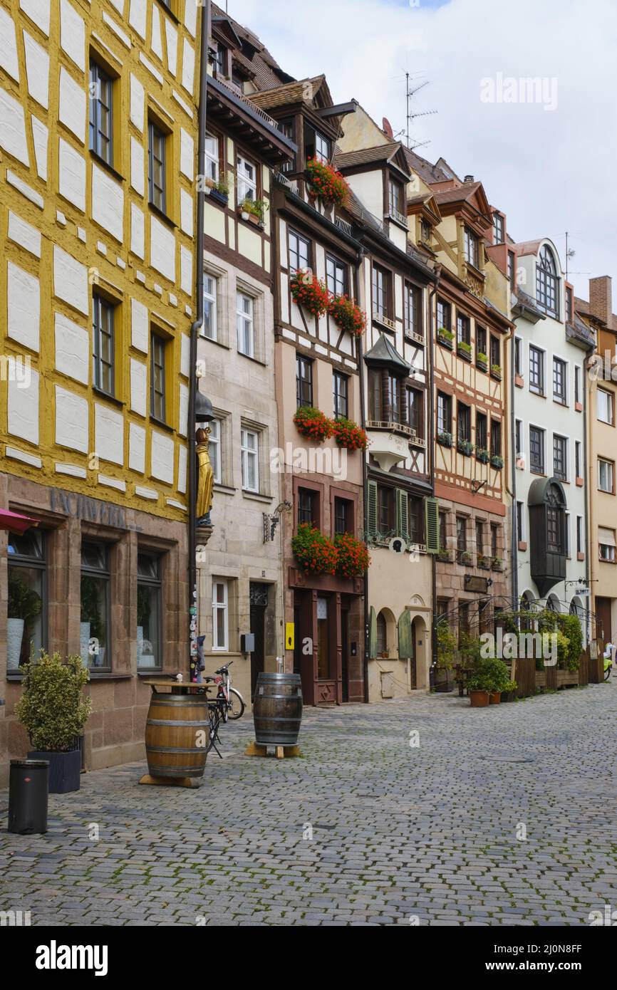 Maisons à colombages au marché du vin, Nuremberg, Franconie, Bavière, Allemagne, Europe Banque D'Images