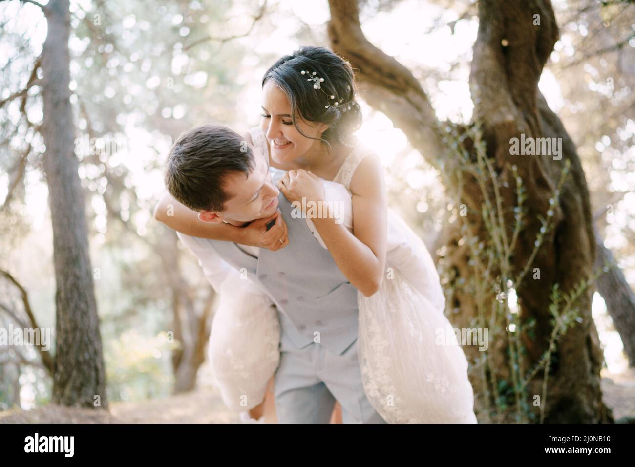 La mariée a sauté sur le dos du marié.La mariée et le marié s'amusent parmi les arbres de l'oliveraie Banque D'Images
