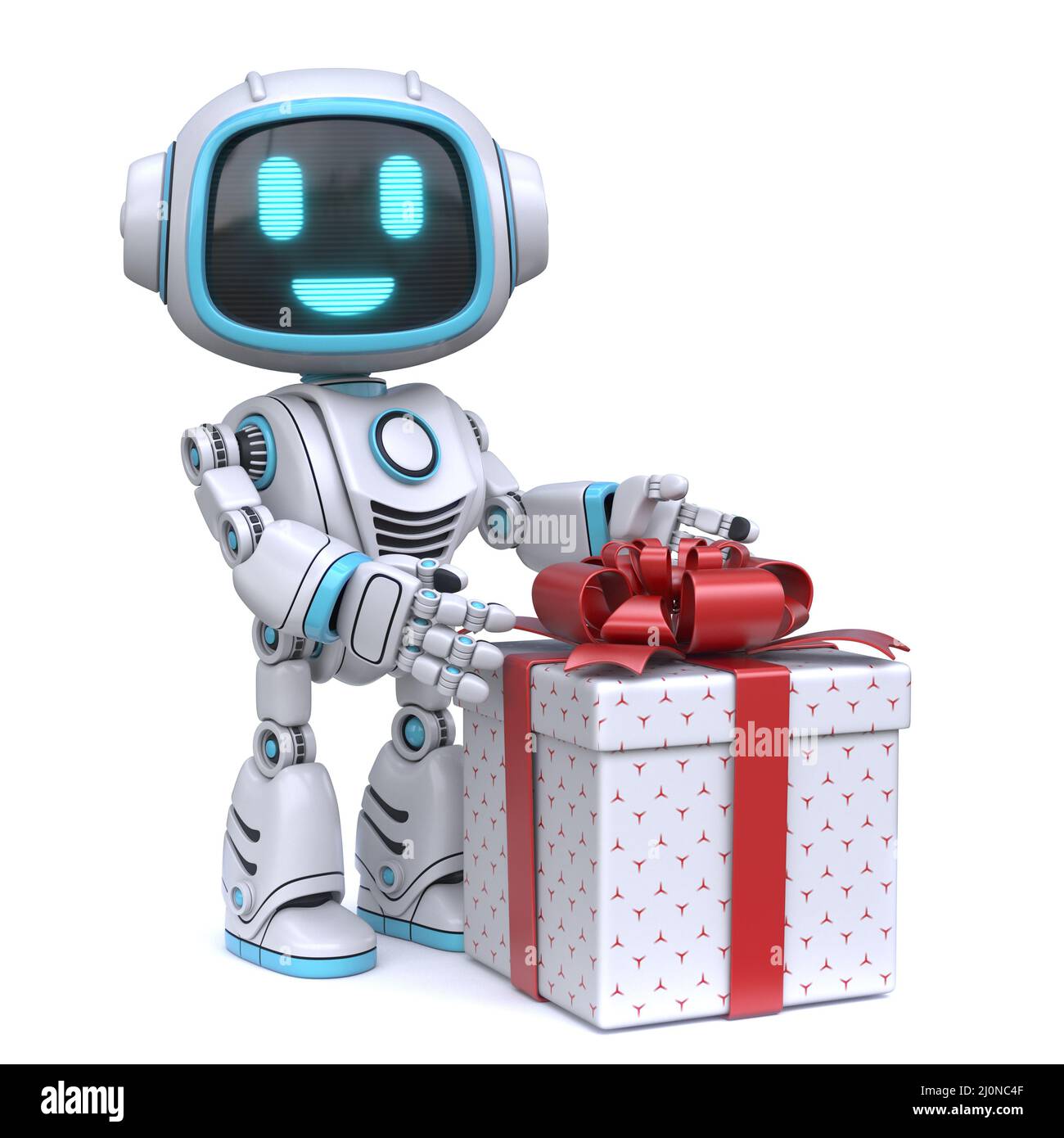 Robot bleu mignon avec boîte cadeau 3D Banque D'Images