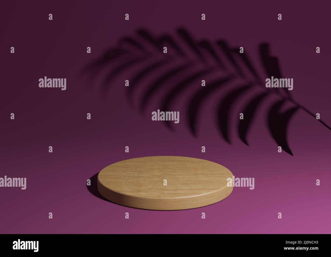 Le magenta foncé, violet simple 3D rend la composition naturelle minimale de l'affichage du produit avec un podium en bois ou un support avec ombre de feuilles de palmier dans le fond du groun Banque D'Images