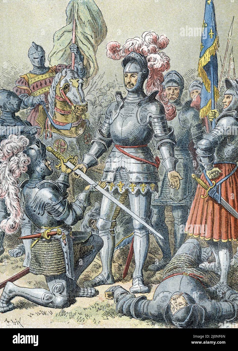 Guerre d'Italie (1521-1526) : la bataille de Pavie (24 fevrier 1525), opposante les troupes francaises de François Ier (1494-1547) et celles de Charles Quint (1500-1558), cors de laquelle, le roi de France est fait prisonnier apres sa defaite, François de Paree met un combat de Charles de Laner (via le roi de France) Le 24th février 1525 entre l'armée française sous le roi François I et les troupes germano-espagnoles de l'empereur Charles V, Qui était le vainqueur - François Ier de France a été fait prisonnier après sa défaite et donne son épée à Charles de Lannoy) Gravure tiree de 'la France a travers les siecles' de Banque D'Images