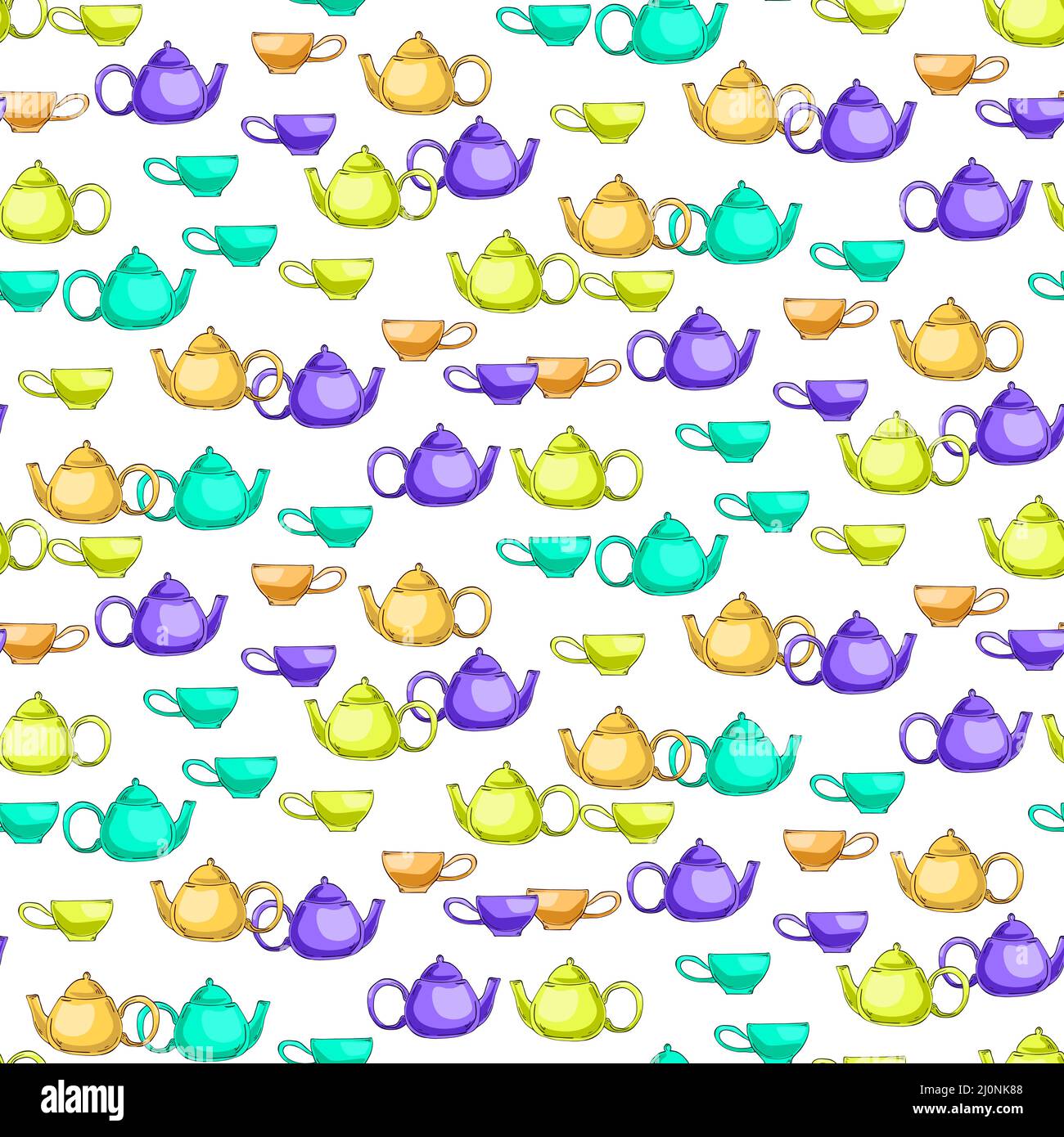 Thé, tasses à café et théières colorés. Simple élégant sans couture motif tasses et pots sur blanc pour le design, les imprimés textiles, scrapbooking, wra Illustration de Vecteur