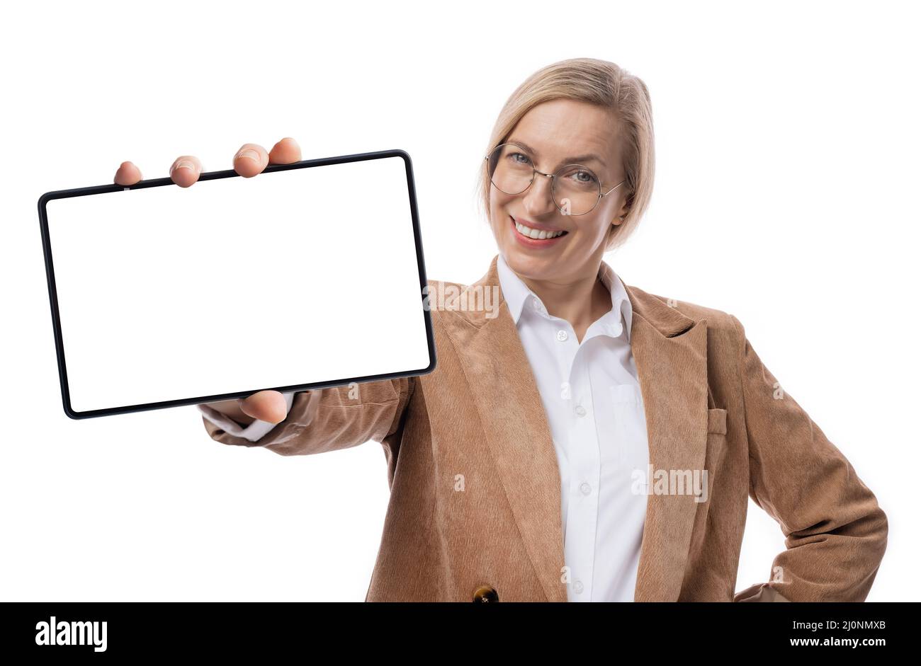 Femme d'affaires tenant une tablette vierge Banque D'Images