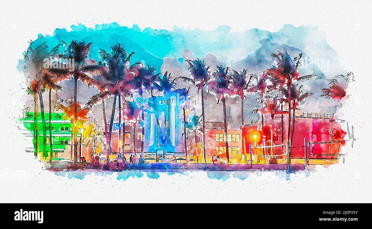 Illustration aquarelle des hôtels et des restaurants d'Ocean Drive au coucher du soleil. Horizon de la ville avec palmiers la nuit. Vie nocturne Art déco au sud Banque D'Images
