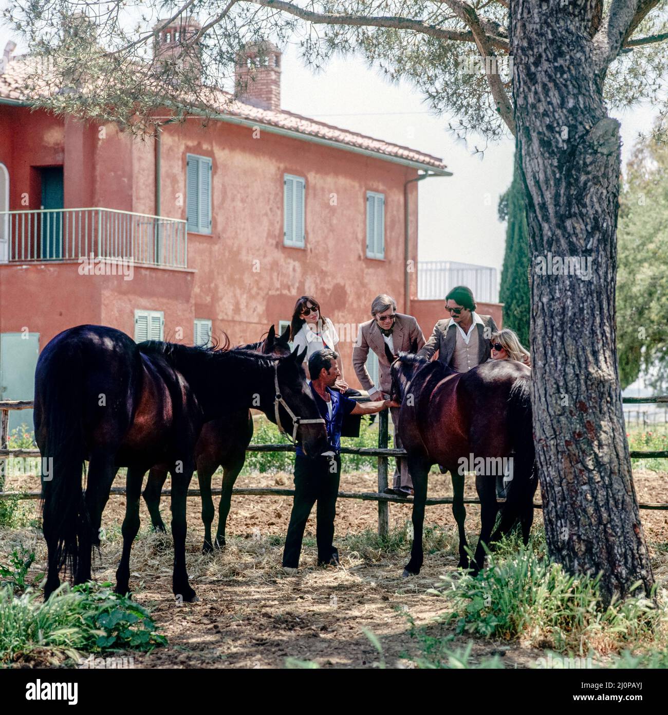 Vintage Italie 1970s, 2 couples d'amis visitent l'élevage de chevaux, assis sur la clôture, la campagne romaine ranch, maison rose, Lazio, Europe, Banque D'Images