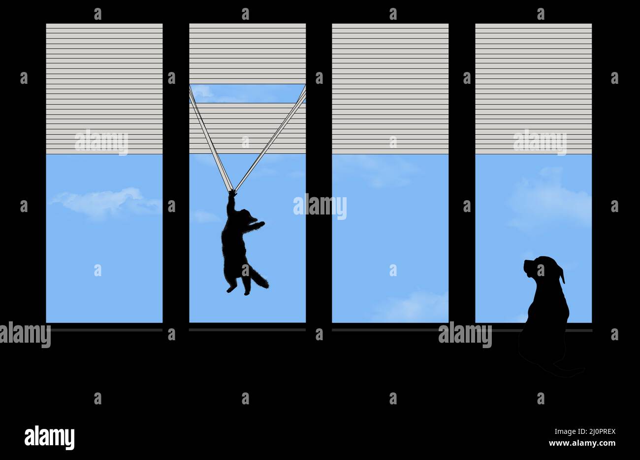 Un chat est vu s'emmêler dans un mini-blinds vénitien tandis qu'un chien est assis calmement à proximité dans une illustration de 3-d sur le comportement félin. Banque D'Images