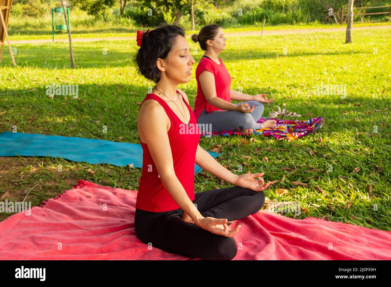 Goias, Brésil – 11 mars 2022 : cours de yoga dans un parc public de la ville. Deux personnes pratiquant le yoga dans un parc herbacé bordé d'arbres. Banque D'Images