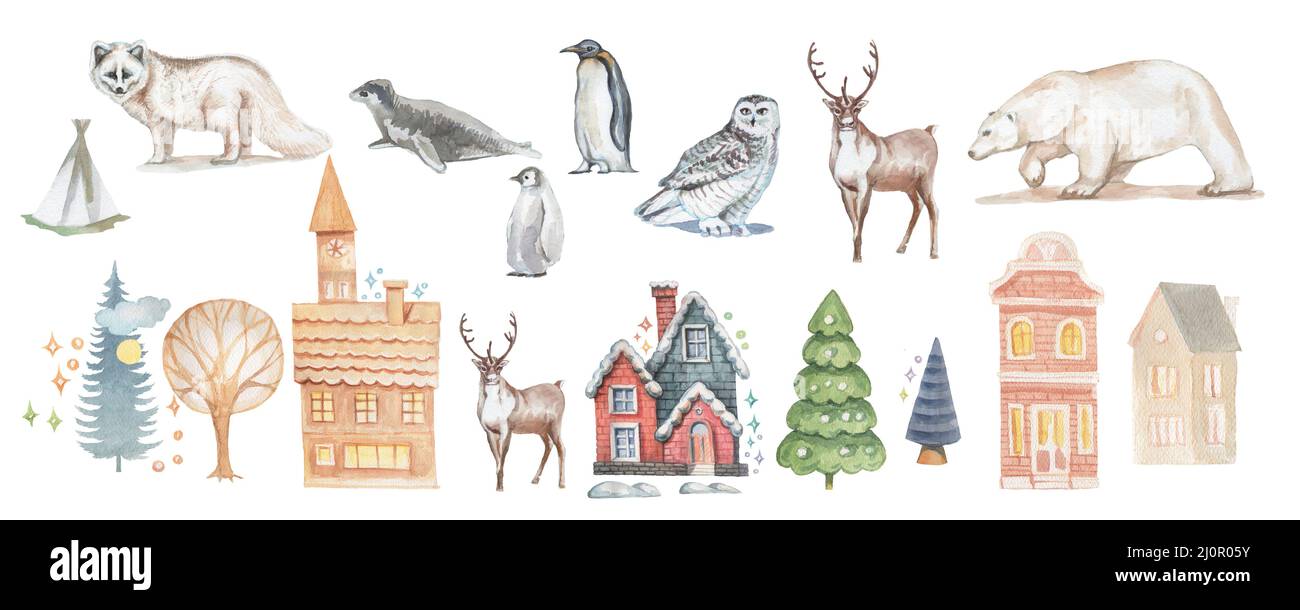 Les cerfs du nouvel an de noël nord abritent des illustrations à la main aquarelle. Imprimé en tissu vintage realism hibou scribe Polar Bear Banque D'Images