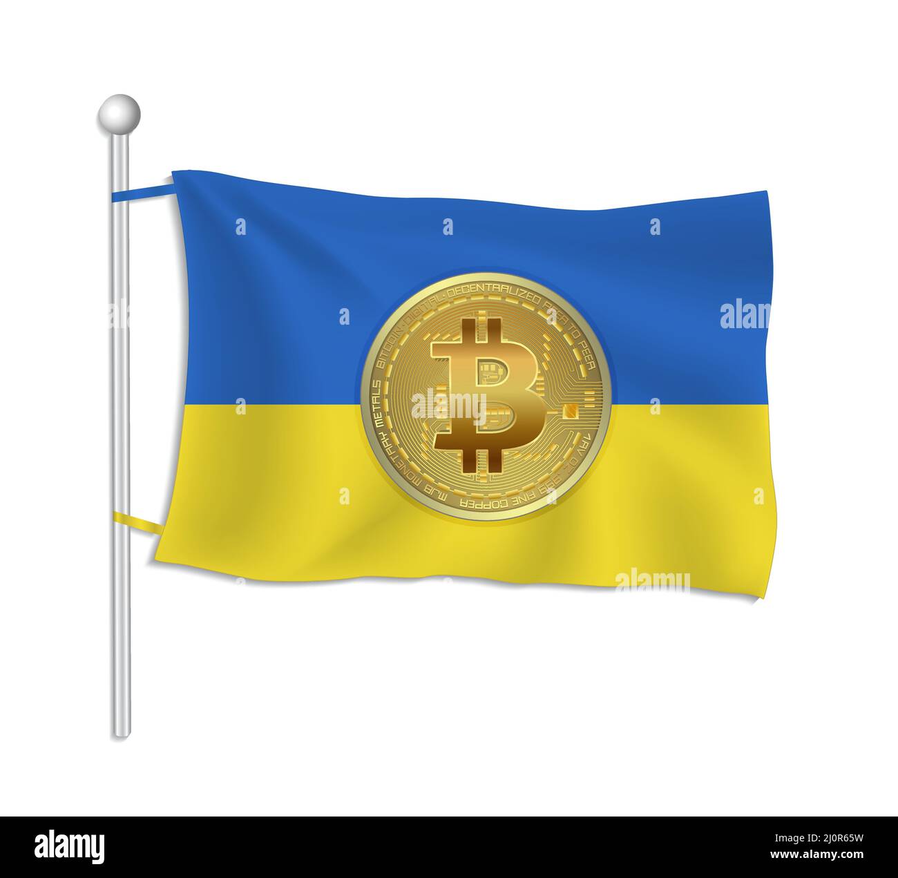 Drapeau de l'Ukraine avec pièce de monnaie en or Bitcoin, fond blanc vectoriel Illustration de Vecteur