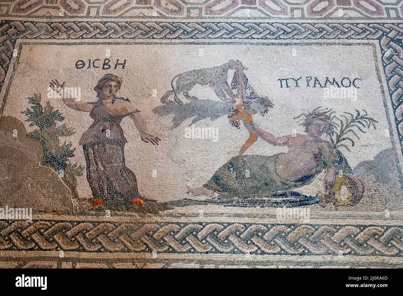 Mosaïque romaine représentant l'histoire d'amour entre Pyramide et Thisbe. Maison de Dionysos, Parc archéologique de Kato Paphos, Chypre. Banque D'Images