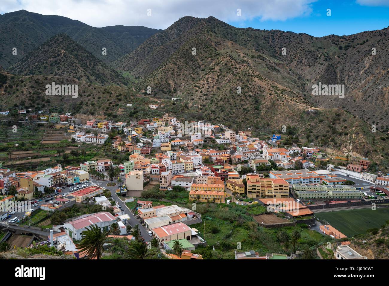Vue sur le paysage et la ville depuis Valle Hermoso sur la Gomera Banque D'Images