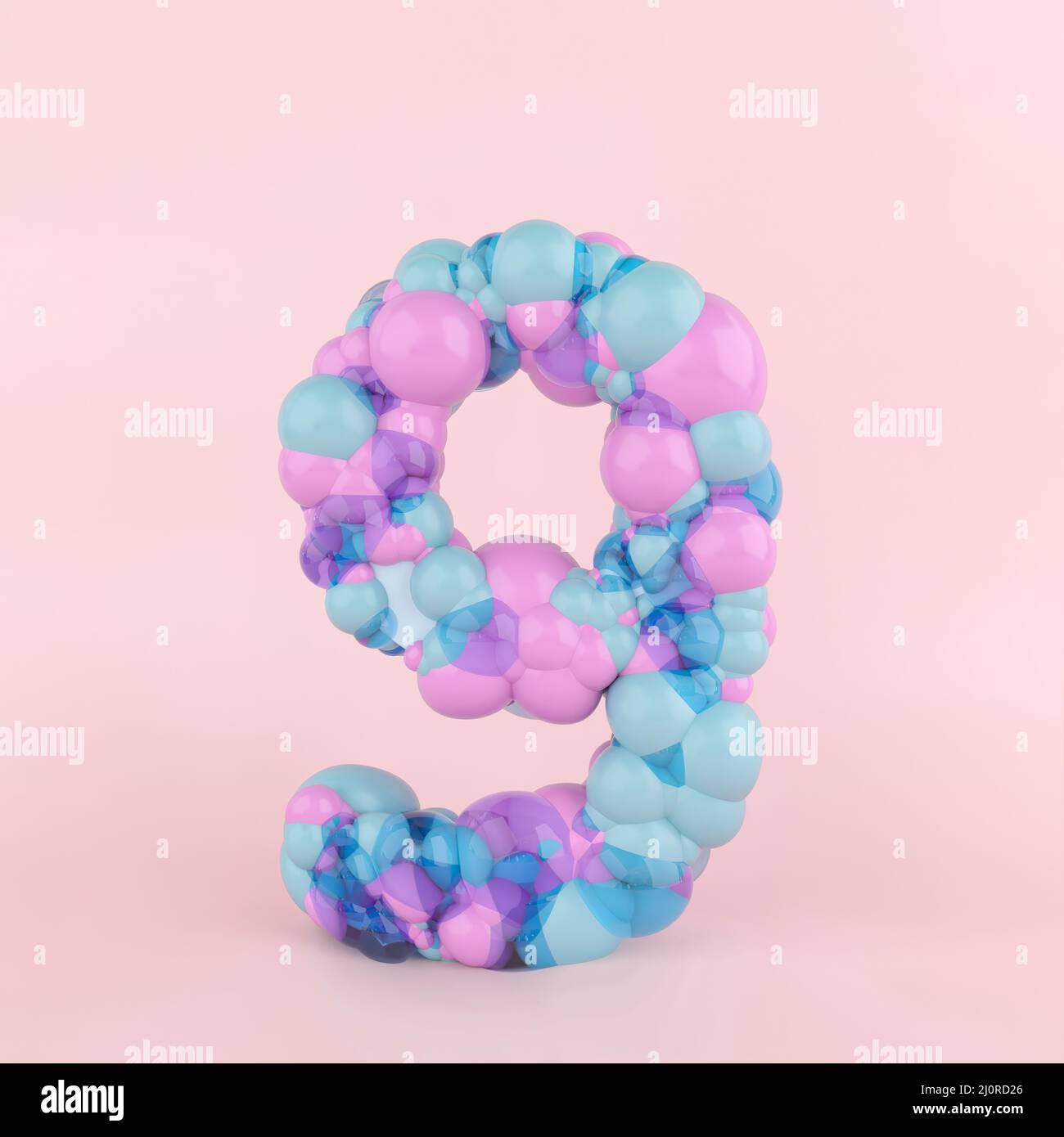 Concept neuf 9 de création en ballons pastel colorés. Concept de police de bulle sur fond rose pastel. Banque D'Images