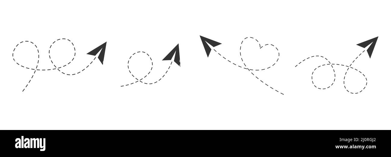Avions en papier avec ligne pointillée définie. Envoi du message collection de plans de pliage linéaire Illustration de Vecteur