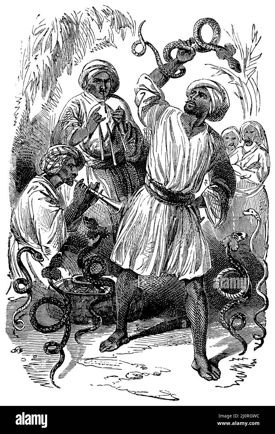 Charmeurs de serpents indiens, , (livre d'histoire de religion, 1885), Indische Schlangenbeschwörer, Charmeur de serpents indien Banque D'Images