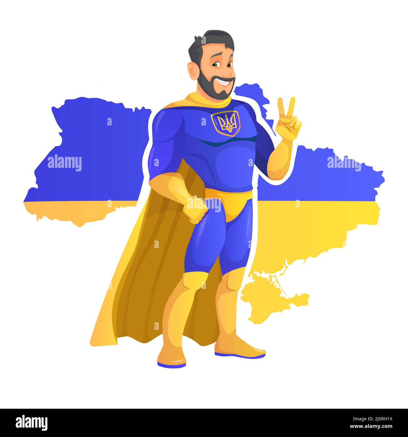 Beau super-héros de dessin animé porté dans les couleurs ukrainiennes debout avec confiance et héroïque avec un sourire amical sur la carte de l'Ukraine fond Illustration de Vecteur