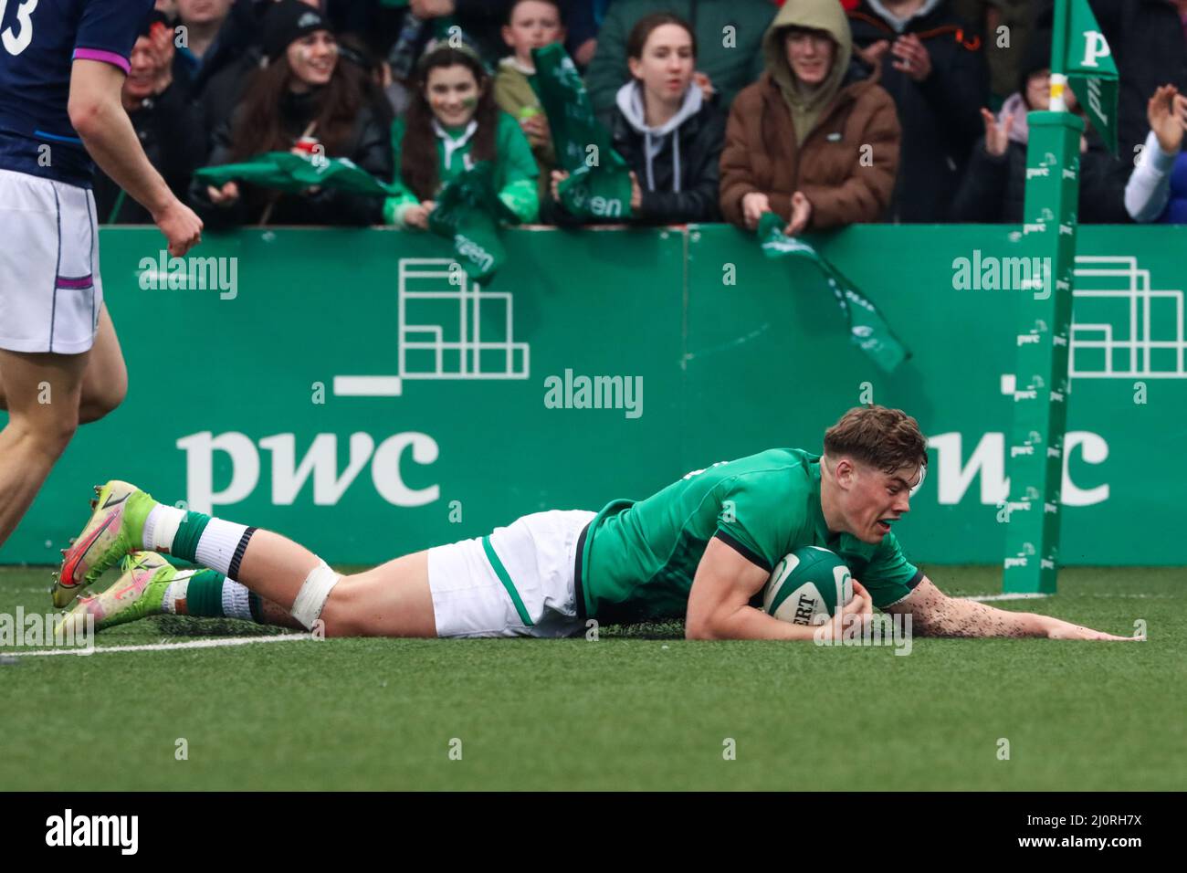 20th mars 2022, Cork, Irlande : match des six Nations de moins de 20 ans entre l'Irlande (59) et l'Écosse (5) à Musgrave Park. Banque D'Images