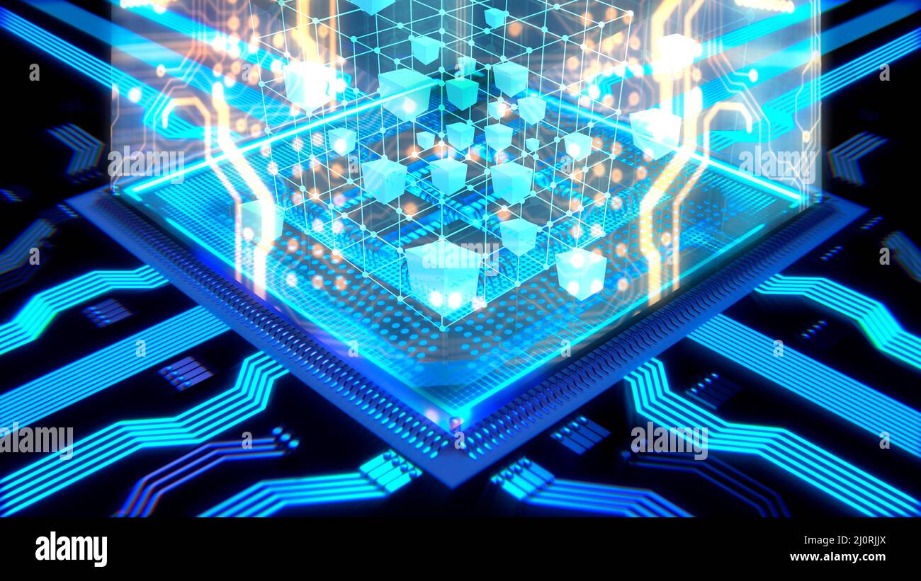 Processeur informatique, technologie électronique, traitement numérique des données à l'intérieur du processeur, transformation des données, cyber-chaîne, big data, futuriste, art Banque D'Images