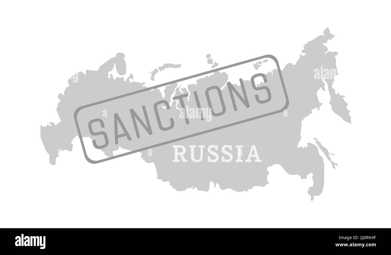 Carte conditionnelle de contour de la Russie et timbre avec l'inscription SANCTIONS. Illustration de Vecteur