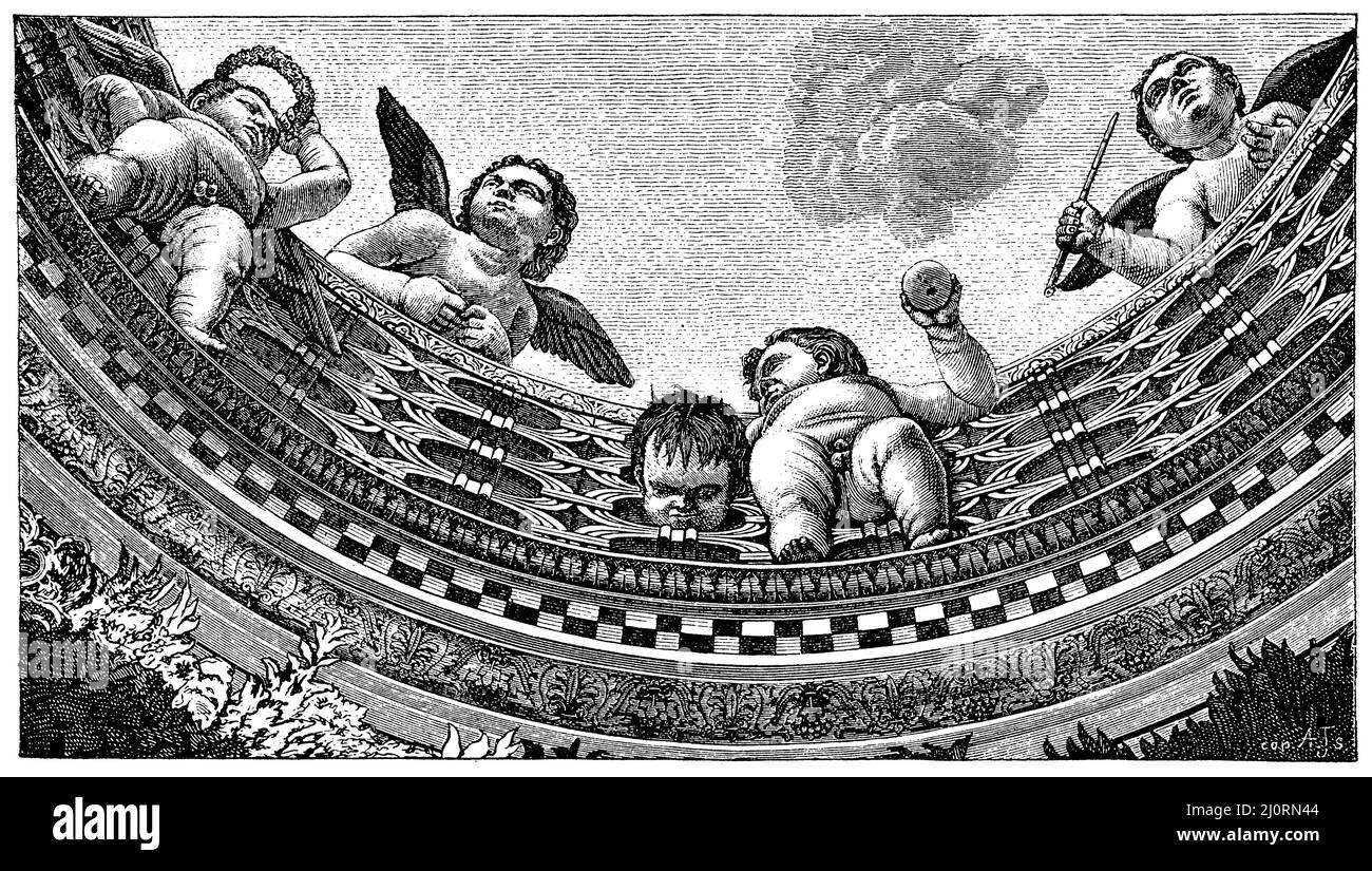 Détail des fresques du plafond de Mantegna dans le Castello di Corte à Mantua., , Mantegna, Andrea (1431–1506) [ (livre d'histoire de l'art, 1896), Detail der Deckenfresken Mantegnas im Castello di Corte zu Mantua, Détail des fresques du plafond de Mantegna au Castello di Corte à Mantoue. Banque D'Images