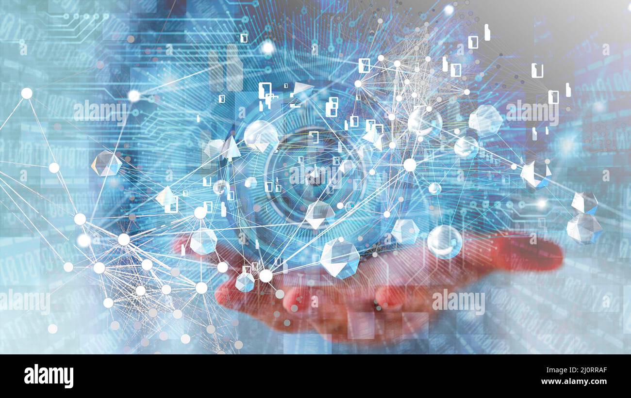 La main humaine porte des données polygonales de l'informatique numérique de l'œil dans le cyberespace, le cloud computing et l'intelligence artificielle concept Banque D'Images