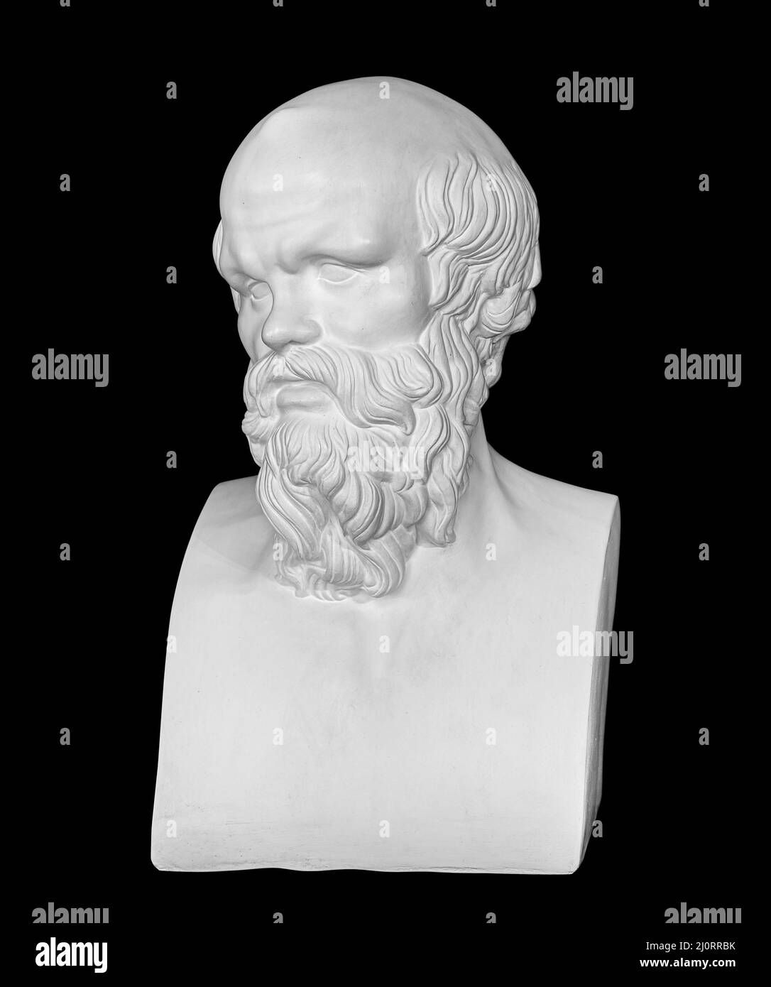 Socrates. Ancienne tête de statue en marbre du philosophe grec. Buste d'homme avec barbe isolé sur fond noir avec PA clipping Banque D'Images