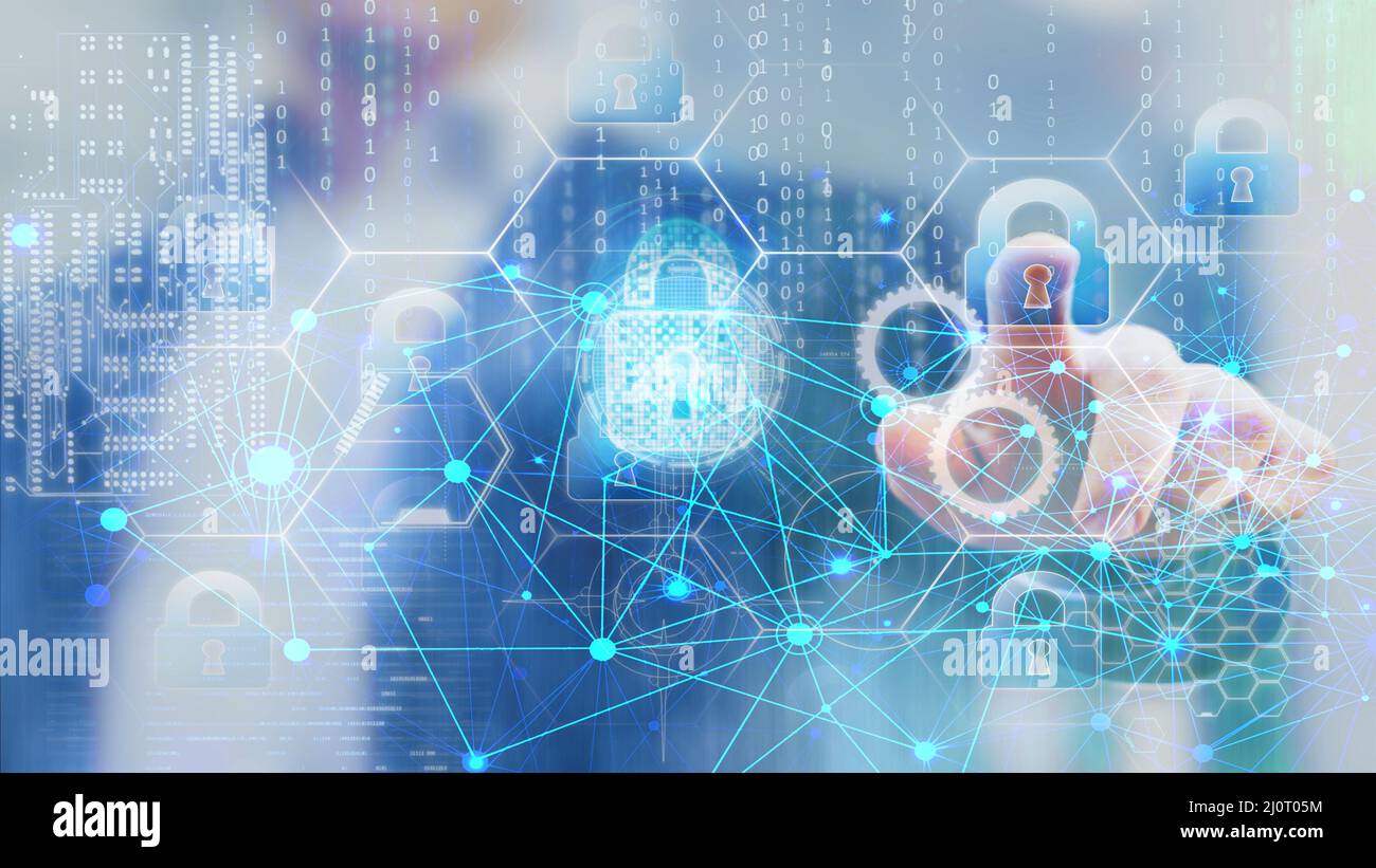 La main humaine choisit la sécurité, le verrouillage de sécurité tandis que les données circulent dans le cyberespace, le concept de cybersécurité Banque D'Images