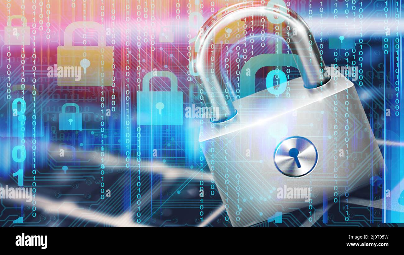 3D illustration du concept de verrouillage de sécurité pendant le flux de données dans le cyberespace, de chiffrement et de cybersécurité Banque D'Images
