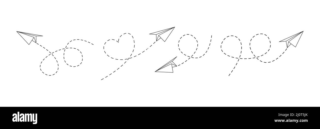 Avions en papier avec ligne pointillée définie. Envoi du message collection de plans de pliage linéaire. Vecteur isolé sur blanc. Illustration de Vecteur