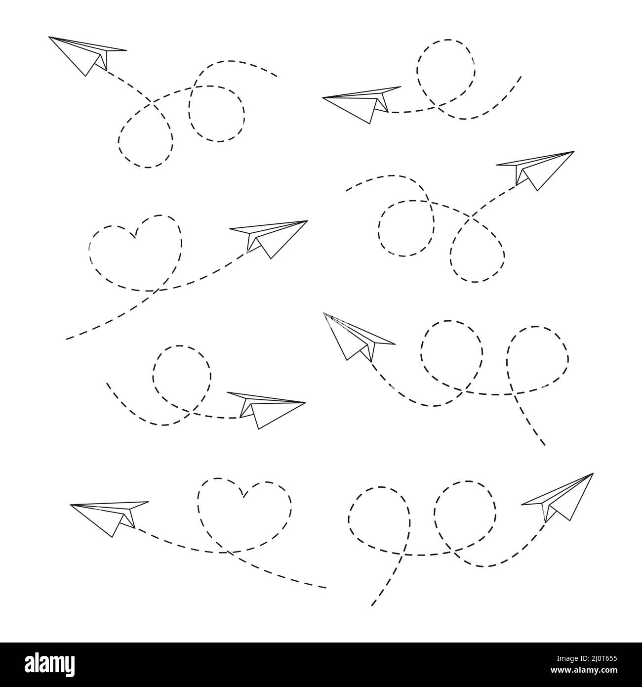 Avions en papier avec ligne pointillée définie. Envoi du message collection de plans de pliage linéaire. Vecteur isolé sur blanc. Illustration de Vecteur