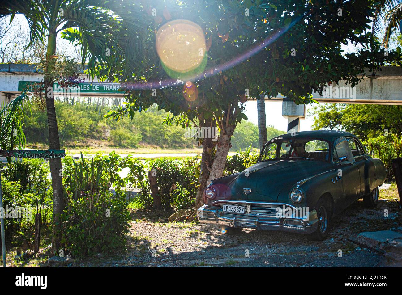 Voiture cubaine antique dans l'allée d'El Congo, un restaurant de bord de route, près de l'autoroute à l'extérieur de la Havane, Cuba. Banque D'Images