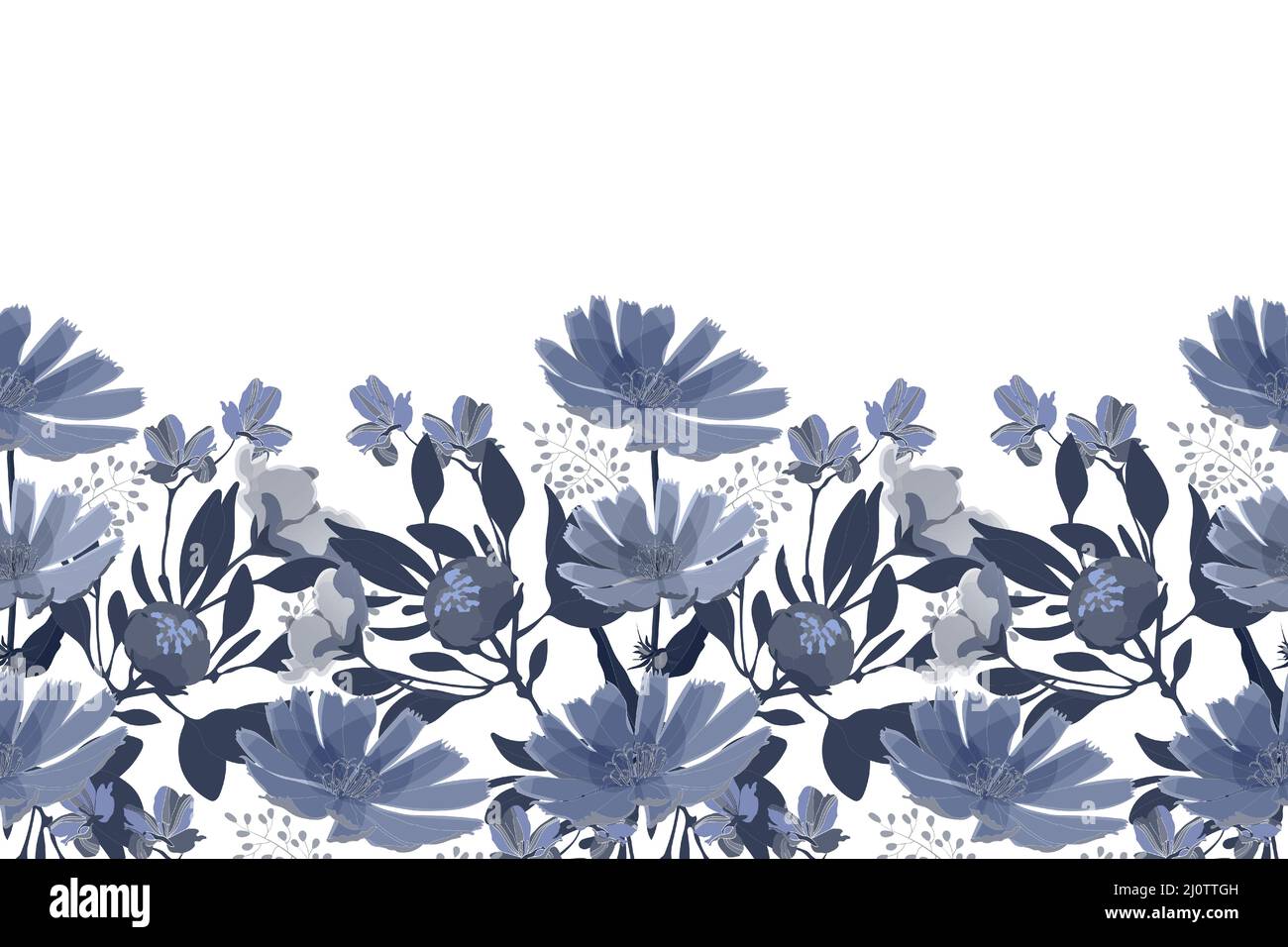 Motif fleuri vectoriel sans couture, bordure. Design panoramique horizontal avec fleurs bleu marine sur fond blanc. Illustration de Vecteur