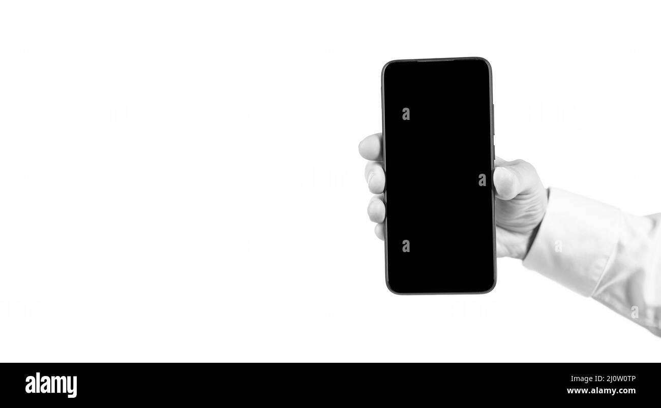 smartphone crie isolé sur blanc. nouvelle application. proposition de produit. présentation publicitaire. Banque D'Images