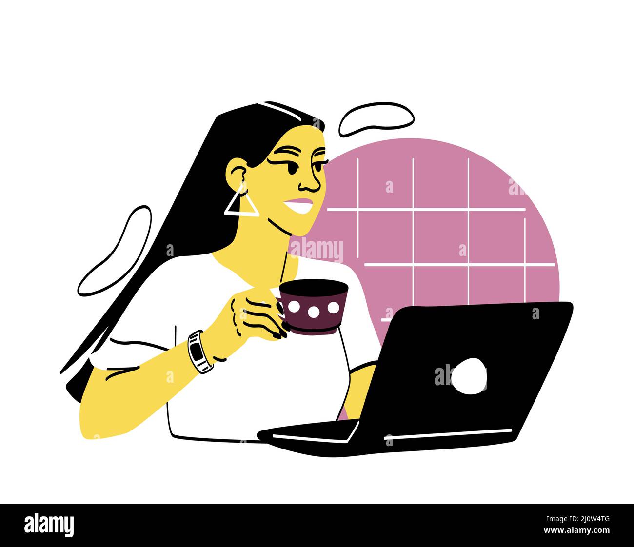 Concept de femme moderne. Fille avec une tasse de café dans sa main se trouve devant l'ordinateur portable, le caractère positif et les technologies modernes. Freelance au travail, rem Illustration de Vecteur