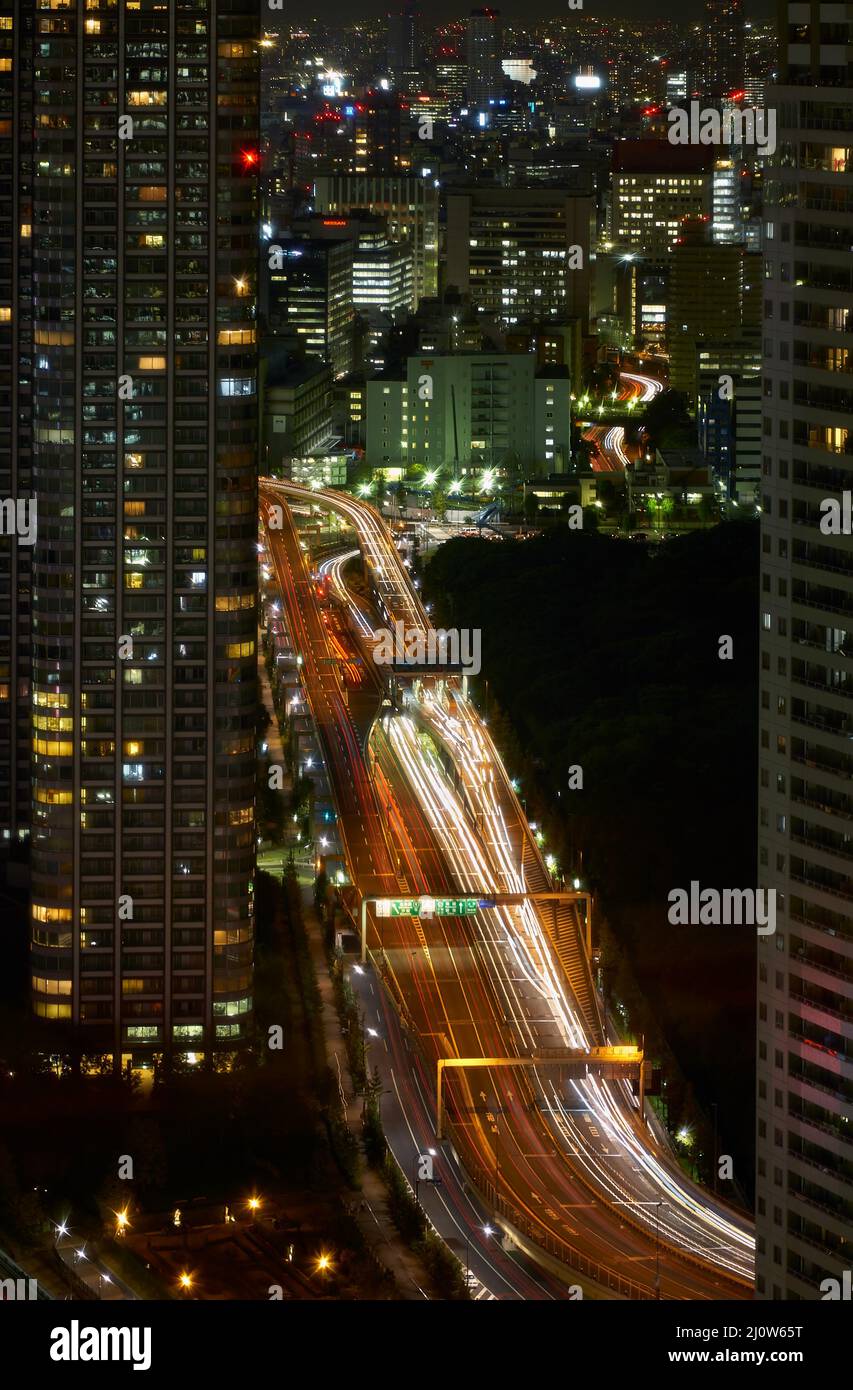 La grande autoroute de Kaigan dori la nuit. Tokyo. Japon Banque D'Images