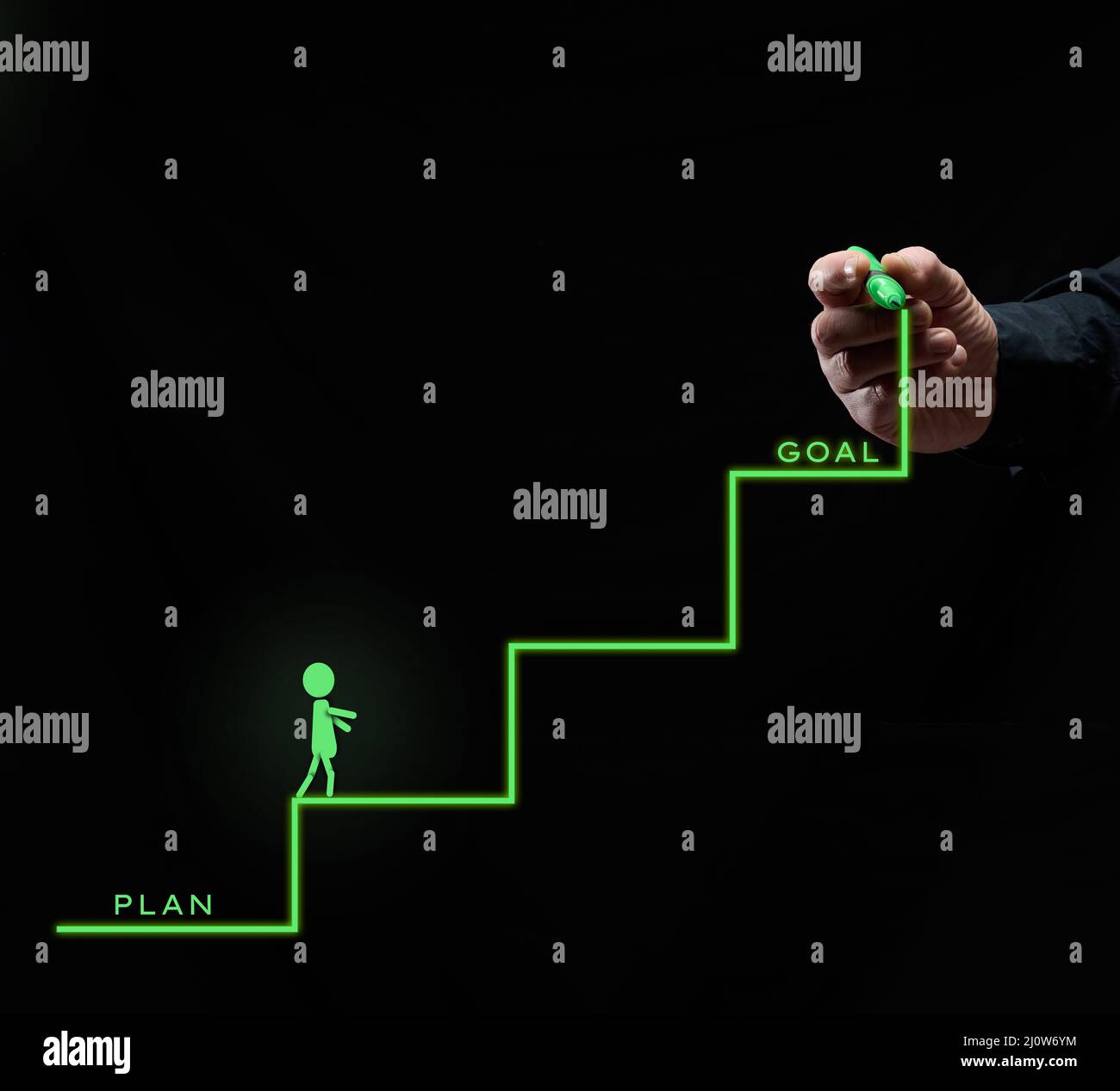 Des marches vertes dessinées par la main d'un homme et un homme allant du plan au but sur un fond noir. Développement de carrière, gr. Personnel Banque D'Images