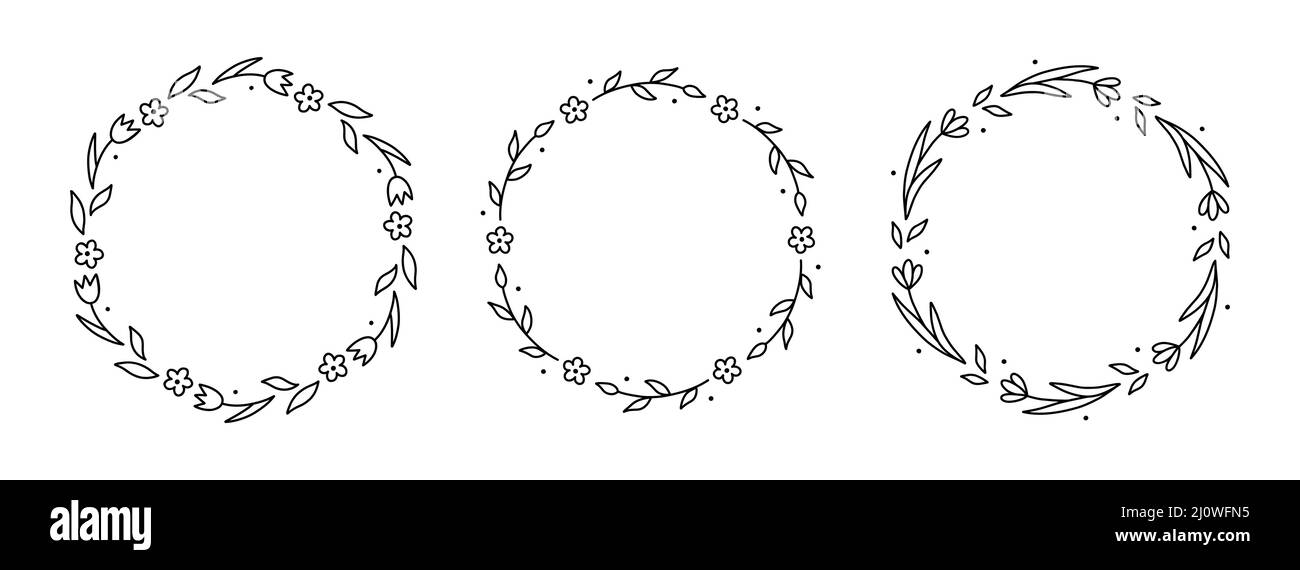 Ensemble de couronnes fleuries de printemps isolées sur fond blanc. Cadres ronds avec fleurs. Illustration vectorielle dessinée à la main, style doodle. Parfait pour la carte Illustration de Vecteur
