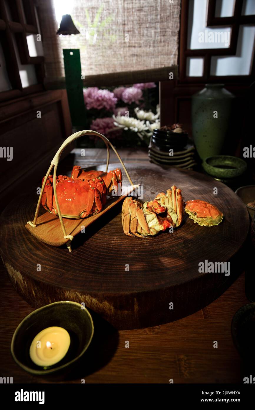 Crabe chinois cuit à la vapeur fruits de mer Banque D'Images