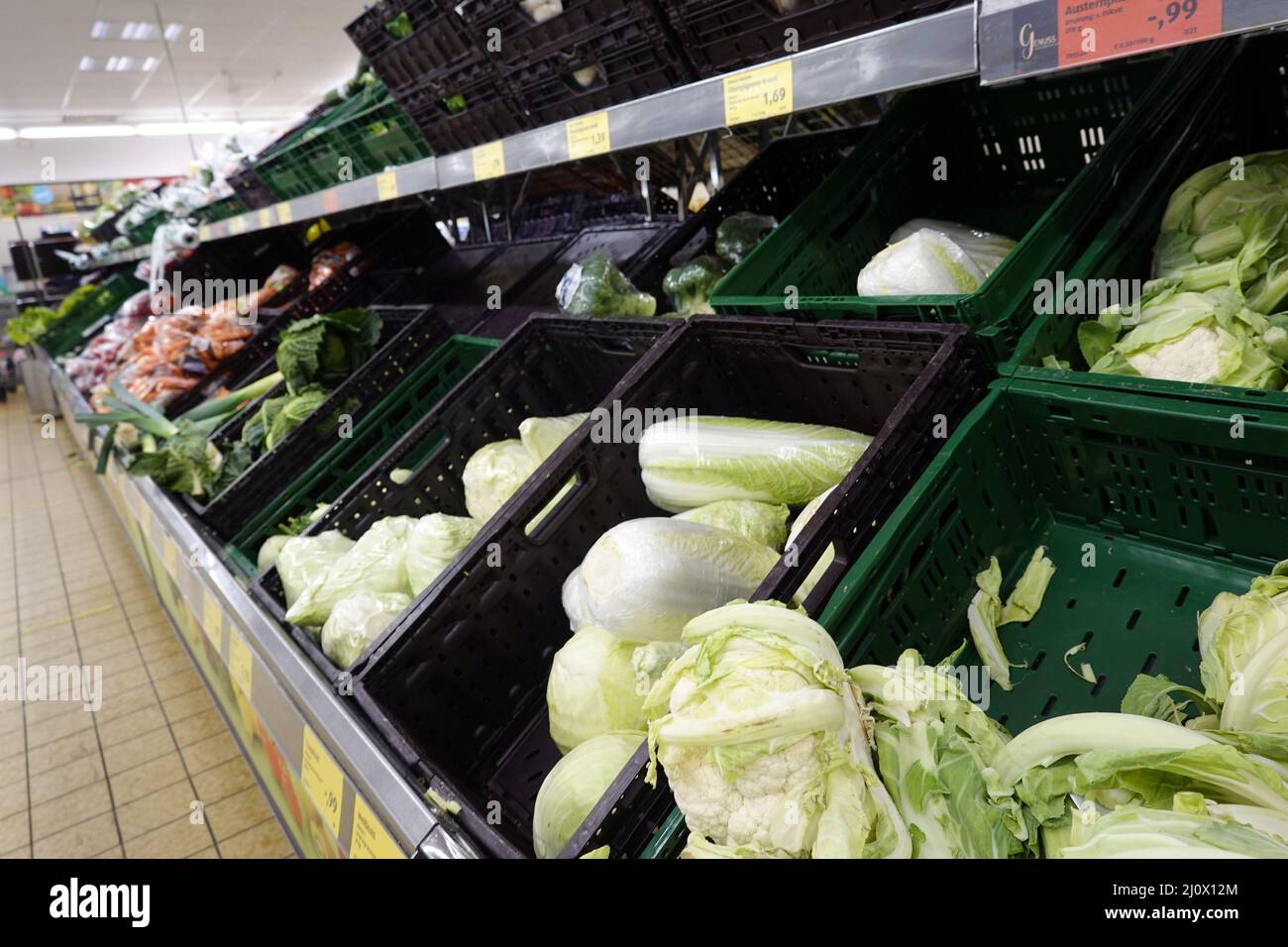 Comptoir de fruits et légumes dans un magasin à prix réduit avec beaucoup de plastique comme matériau d'emballage Banque D'Images