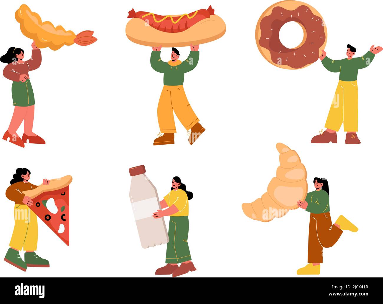 Petits personnages avec un énorme fast food, une boulangerie et une bouteille de boisson. Personnes isolées avec crevettes frites, hot dog, beignet, pizza et croissant. Fastfood festival, barbecue partie ligne art vecteur jeu d'illustration Illustration de Vecteur