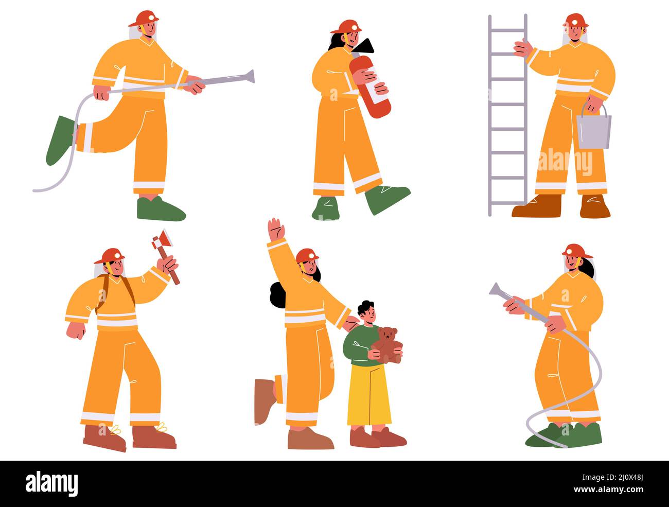 Jeu de personnages mâles et femelles de pompiers dans une échelle de maintien uniforme, un tuyau d'eau, des seaux et une hache. Groupe de pompiers travaillant, luttant avec feu, sauve enfant. Illustration de vecteur linéaire de personnes Illustration de Vecteur