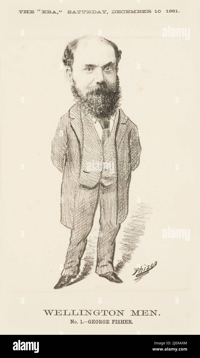 Croquis d'un homme politique, George Fisher, au moment de l'élection générale de 1881 en Nouvelle-Zélande, d'une caricature publiée dans le supplément de l'annonceur de Wellington Banque D'Images