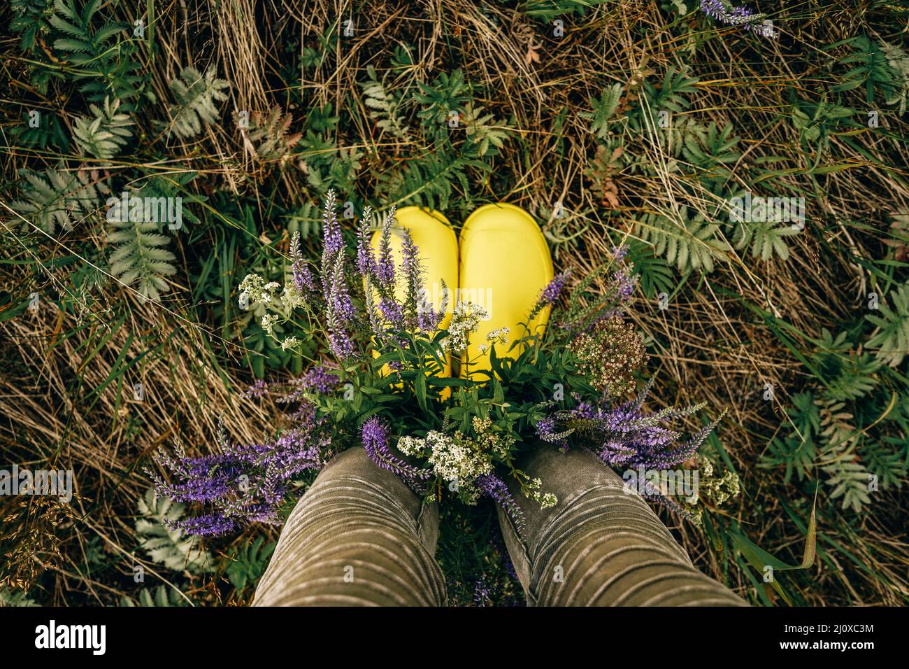 Bottes en caoutchouc jaune avec bouquet de fleurs sauvages. Vue de dessus. Banque D'Images