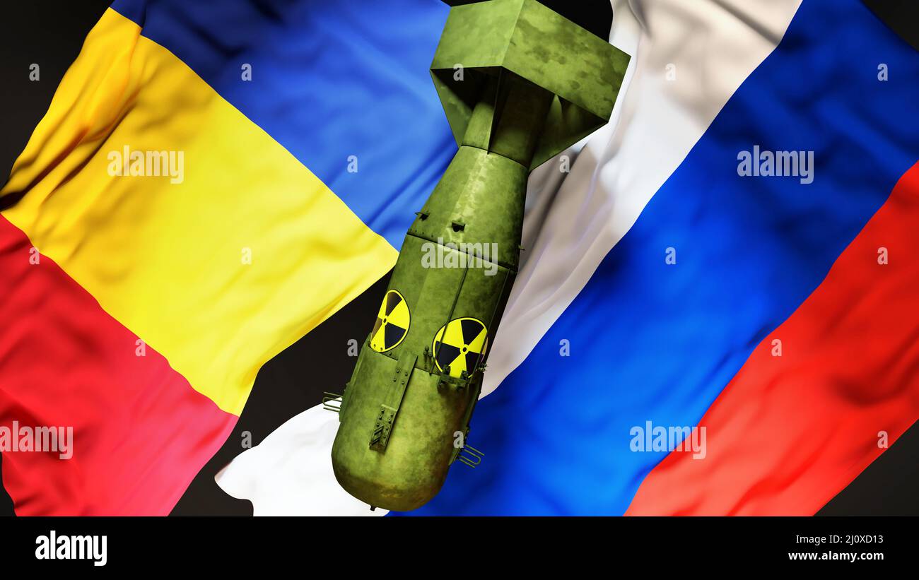 Guerre nucléaire, conflit et crise en Roumanie et en Russie. Drapeaux nationaux et bombe atomique avec logo radioactif pour symboliser une menace nucléaire et possible Banque D'Images