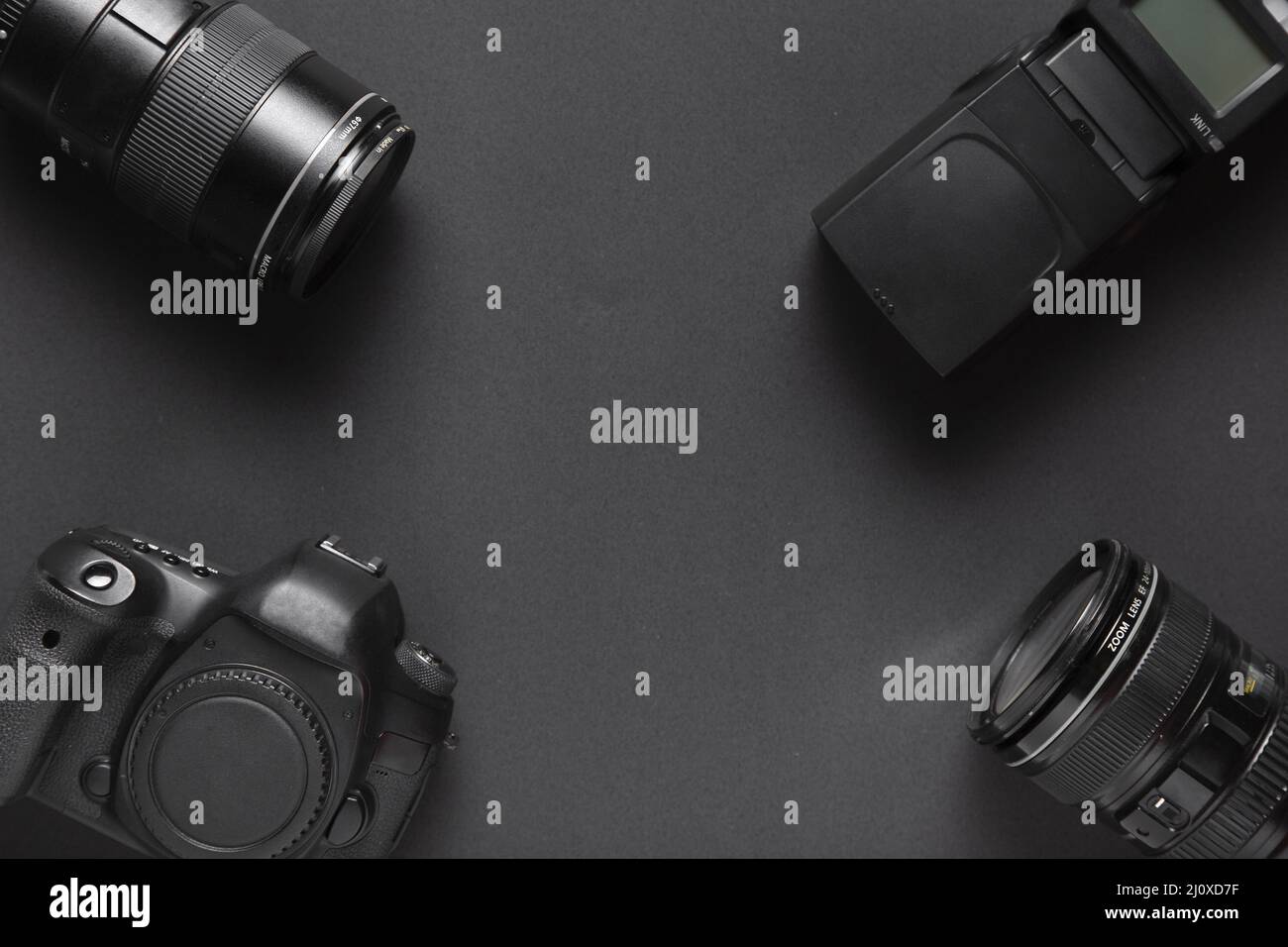 Accessoires de photographie avec vue de dessus et espace de copie. Concept de photo de haute qualité Banque D'Images