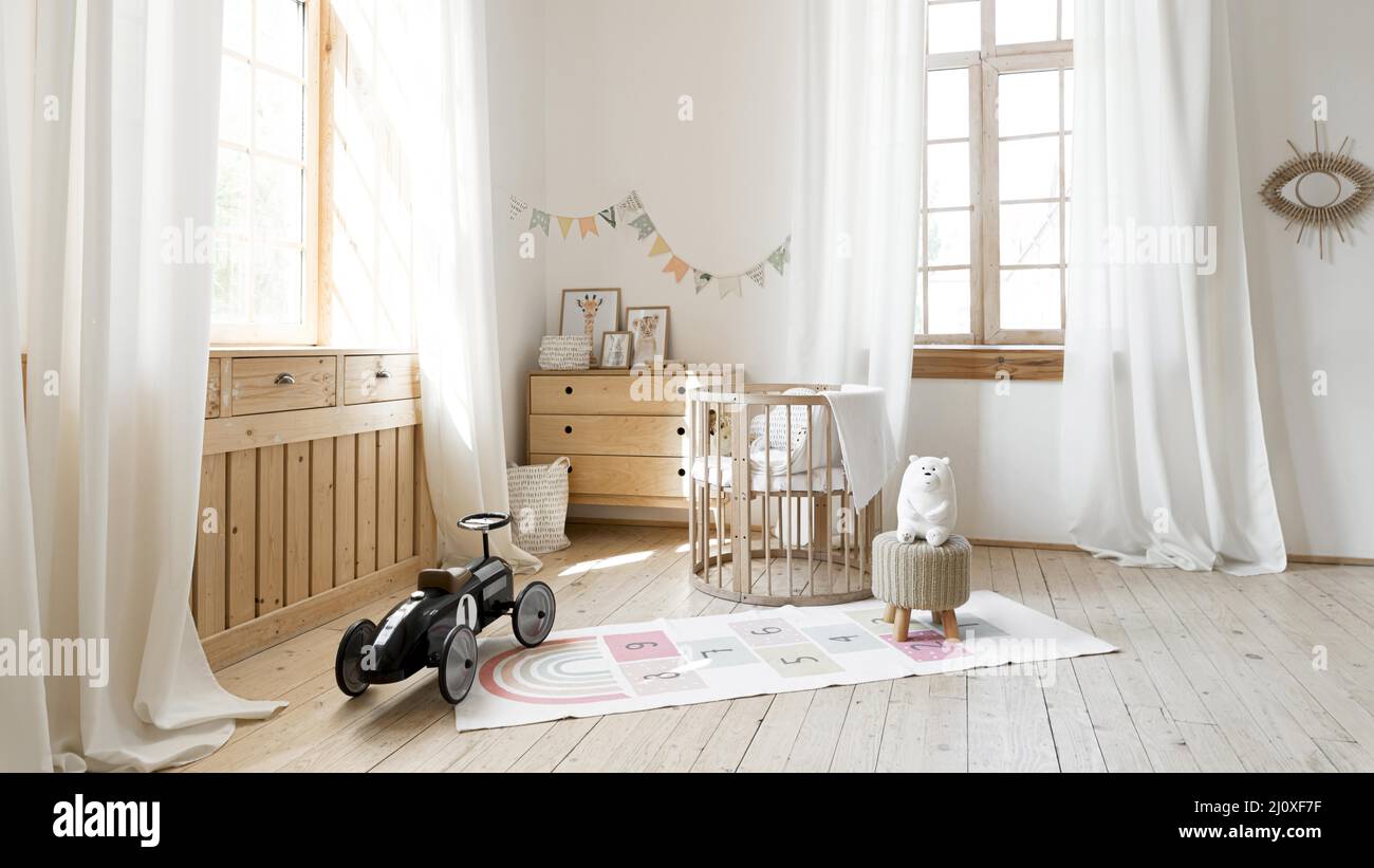 Chambre enfant avec vue sur l'avant et décoration intérieure rustique. Concept de photo de haute qualité Banque D'Images