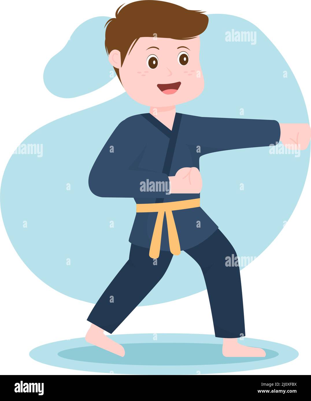 Mignon dessin animé enfants faire quelques mouvements de base des arts martiaux de karaté, de la pose de combat et de porter kimono dans le style plat dessin vectoriel d'arrière-plan Illustration Illustration de Vecteur