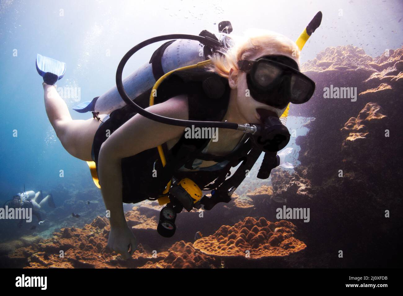 Aventurier de l'océan. La plongée sous-marine féminine passe près d'un récif de corail. Banque D'Images