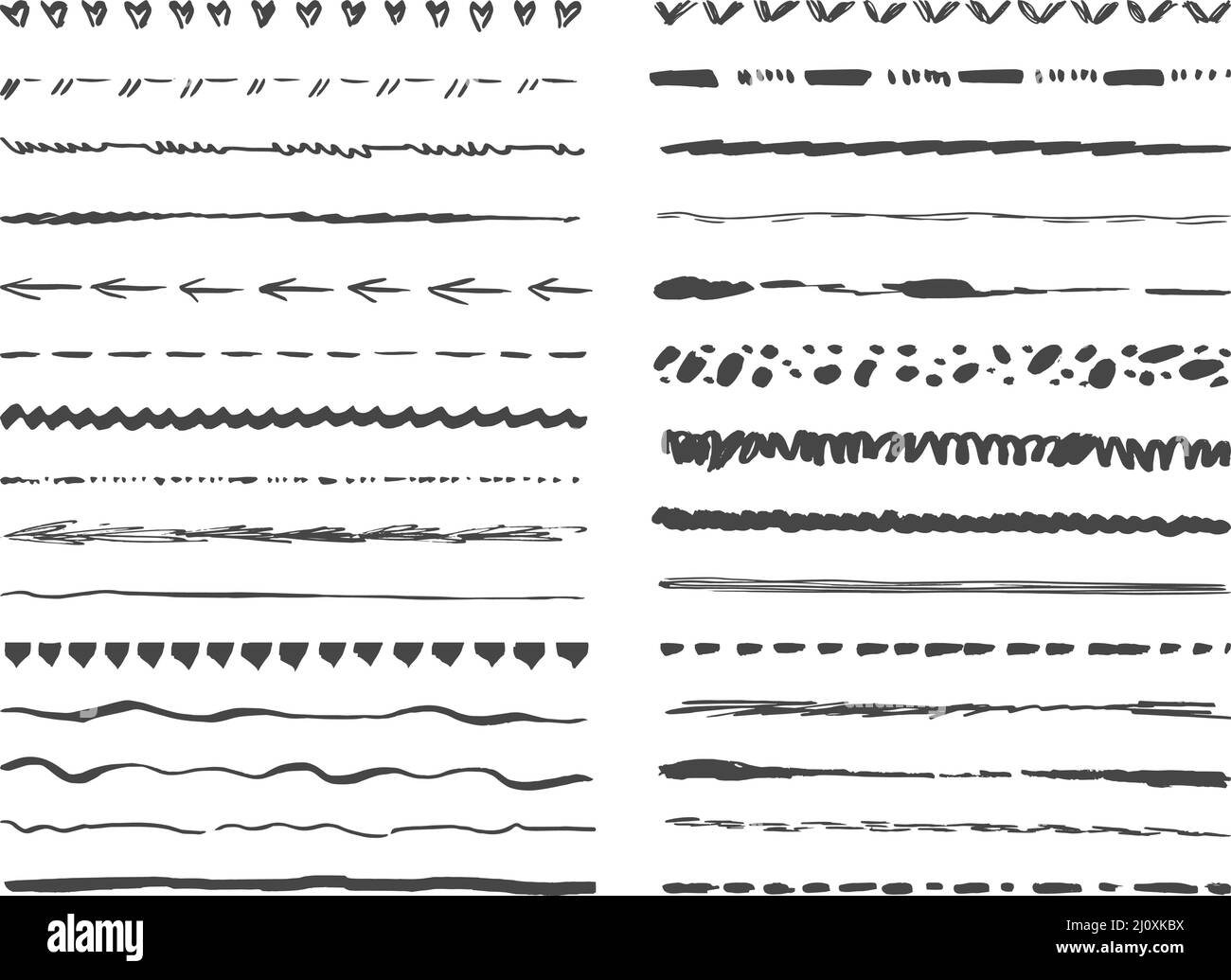Lignes de brosse Doodle. Ligne d'esquisse de l'artiste, formes artistiques à main levée de crayon à encre. Touches texturées décoratives, griffettes et séparateurs au charbon Illustration de Vecteur