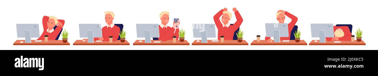 Homme travaillant en ligne sur le projet d'affaires dans différentes poses, le gars heureux et triste utilisant le gadget Illustration de Vecteur Homme travaillant en ligne sur le projet d'affaires dans différentes poses, le gars heureux et triste utilisant le gadget Illustration de Vecteur