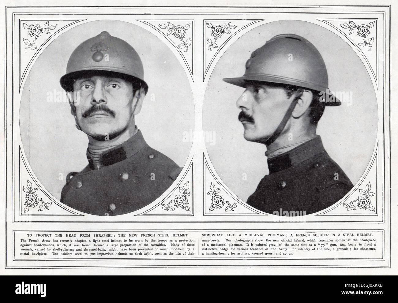 Photo publiée dans les nouvelles illustrées de la guerre le 7 juillet 1915; casque du nouveau soldat français. Photographie en noir et blanc Banque D'Images